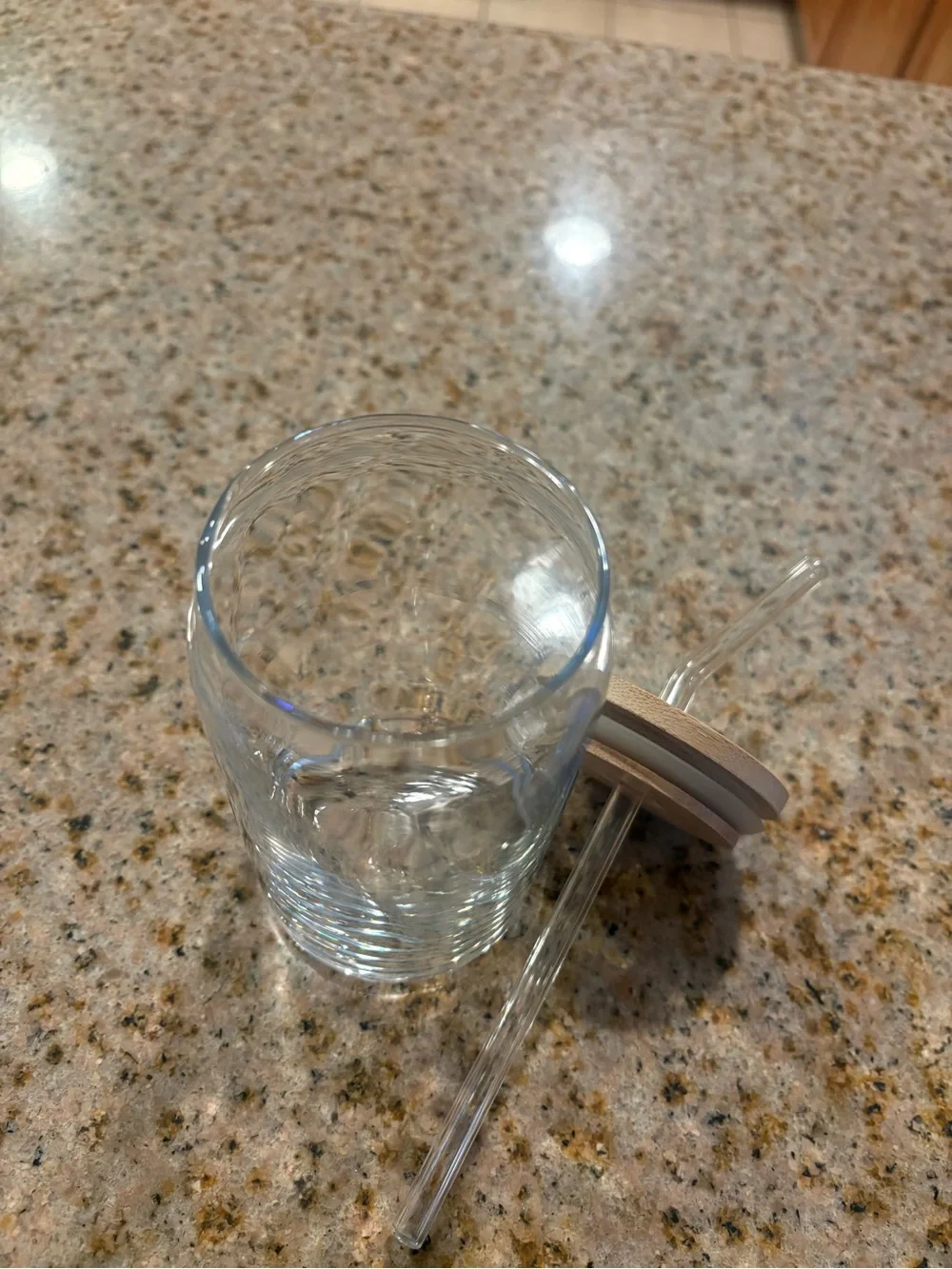 Glass Drink Cup with Light Wood Lid and Glass Straw - Clear